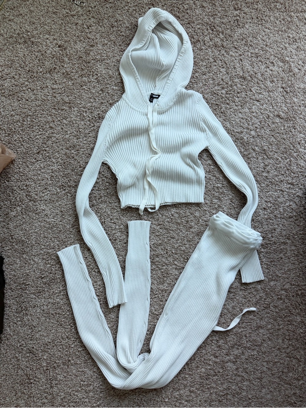 Fashion Nova Ivory Ribbed Cropped Hoodie & Pants Set